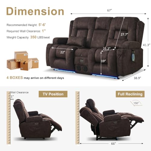 Image of URRED Power Loveseat Recliner Sofa with Massage and Heat,Brown | Wall Hugger Reclining Loveseat with Console, RV Couch Home Theater Seating with LED Lights for Living Room, Velvet Fabric