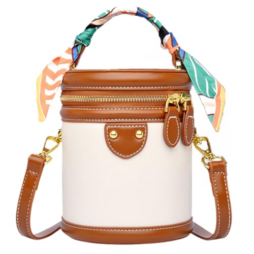 Colorblock Bucket Bag For Women - Niche Fashion Design Style Bucket Bag, Ribbon Handle, PU Leather Crossbody Bag