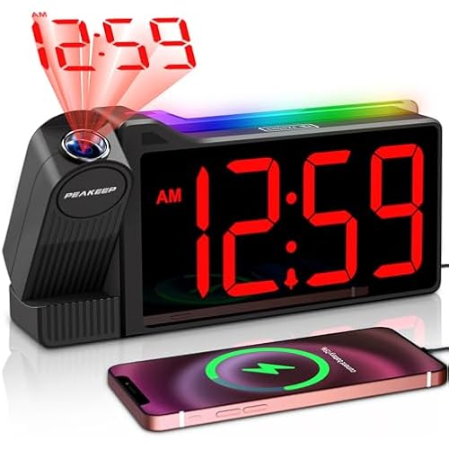 Peakeep Projection Alarm Clock for Bedroom Ceiling with Colorful Nightlight