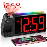 Peakeep Projection Alarm Clock for Bedroom Ceiling 180° Rotatable, Loud for Heavy Sleepers, Colorful Nightlight, 5 Brightness Dimmable Large Number Bedside Electric LED Digital Clock with USB Port
