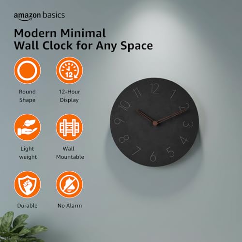 Image of Amazon Basics Analog Wall Clock with 12Hr Display, Matte Slate Finish, Battery Operated, Black Color, Easy Wall Mount, Lightweight & Stylish Design for Home & Office - 25x25x4.8cm