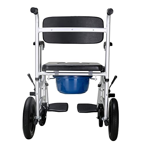 Mobile Shower Chair Toilet Commode Wheelchair With Handbrake, Lift Armrest, 12" Rear Wheel, Removable Pedal And Pail #TOP2