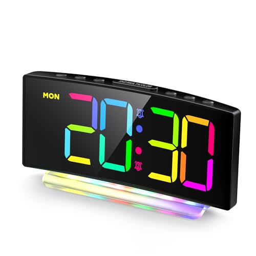 HERMIC Despertador, Despertador Digital LED con Diseño Curvado y 7 Colores Luz Nocturna, Alarma Doble, 12/24H, Brillo Adjustable, Negro