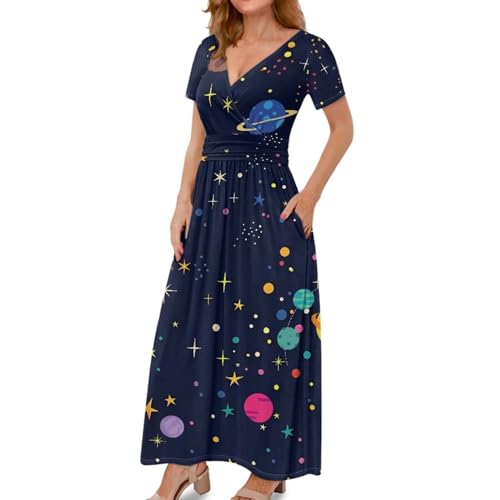 Image of Women's Fall Summer Short Sleeve Ankle Length V-Neck Party Dress with Pockets Size S-3XL