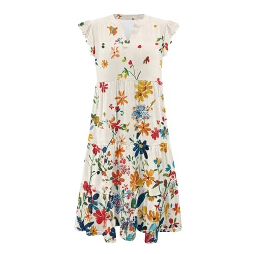 Image of Womens Summer Dress Ruffle Sleeve V Neck Dress Casual Fit Flowy Beach Vacation Sundress with Pocket S-2XL