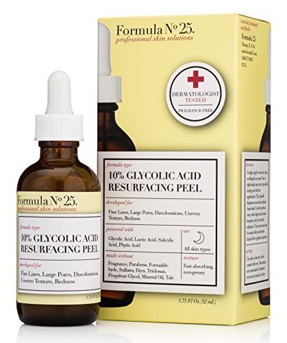 Formula 25 10% Glycolic Acid Resurfacing Peel - Developed For Fine Lines, Large Pores, Discolorations - Glycolic Acid, Lactic Acid, Salicylic Acid, Phytic Acid - 100% Clean Beauty 1.75 fl oz