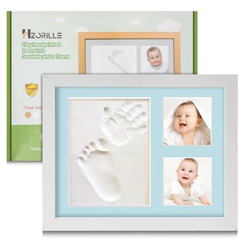 Image of Hzorille Baby Hand and Footprint Kit, Clay Handprint Keepsake Frame, Newborn Keepsake Photo Frame, Nursery Picture Hanging pictures, Newborn essentials, Personalized New Mom Gifts (white)