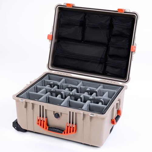 Pelican 1610 Case by ColorCase - Desert Tan - Large Sized Waterproof Case with Gray Padded Dividers & Mesh Lid Organizer - Orange Handles & Latches