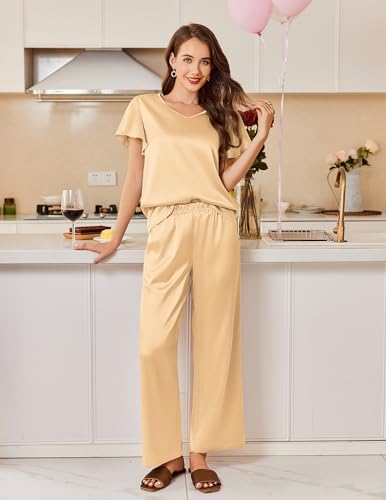 Image of Ekouaer Women's Satin Silky Pajama Set 2 Piece Short Sleeve Shirt with Long Pants Pjs Sets Soft PJ Loungewear S-XXL