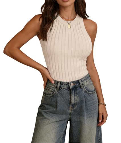 Image of INFITTY Womens Ribbed Tank Tops High Neck Slim Fitted Sleeveless Shirt Basic Knit Casual 2026 Summer Going Out Y2k Clothes