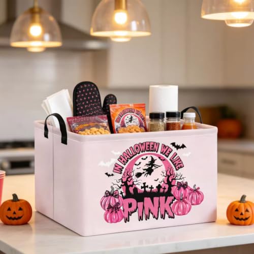 Image of Pink Spooky Cute Witch Halloween Basket with Pumpkin Prints, Trick or Treat Storage basket for Gifts and Party Stuffers(Black Pink Halloween)