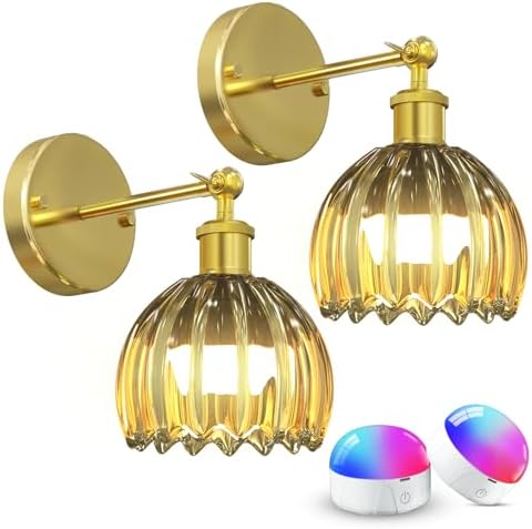 Vintage Battery Operated Wall Sconce with Amber Tulip Glass Lampshade, Wireless Rechargeable Battery Powered Wall Light for Bedroom Living Room Bathroom Hallway Home Decor, Set of 2