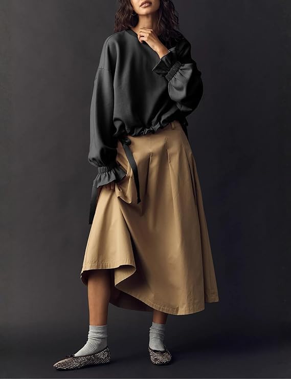 Women's Long Sleeve Sweatshirts Crewneck Casual Tops Oversized Drawstring Pullover Hem Ruffle Cuff Blouse - Image 2