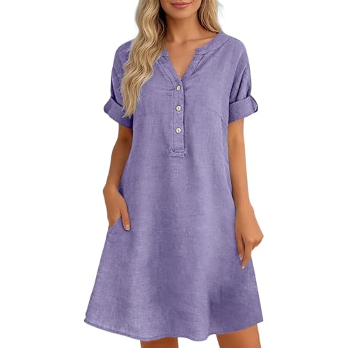 Robe tunique ample à manches courtes et col en V boutonnée pour femme