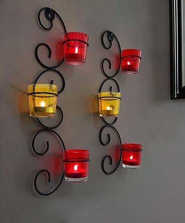 Set of 2 Wall Hanging Tealight Candle Holder Metal Wall Sconce with Glass Cups - Christmas Decorations Items for Home Wall Decor Restaurant Gifts