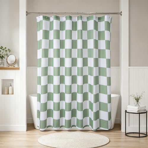 Image of N&Y HOME Fabric Shower Curtain or Liner Green and White Checkered