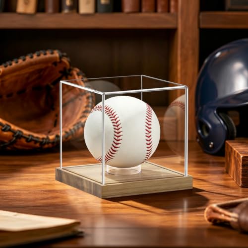 Image of Clear Acrylic Baseball Display Case with Wood Base, Single Ball Memorabilia Stand, Dust Protection Transparent Storage Box for Collections