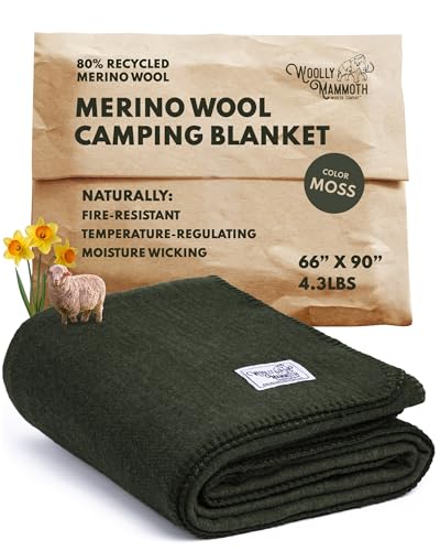 Woolly Mammoth Woolen Company Merino Wool Blanket - 80% Merino Wool - Camping Blankets for Cold Weather - Mositure-Wicking for Overlanding, Hunting, Emergency Kits, Bushcraft (66' x 90' Moss)