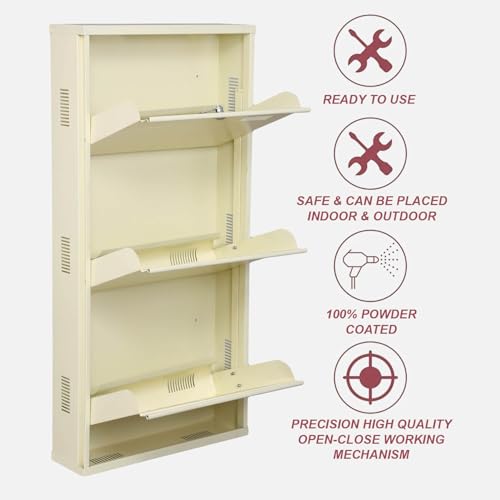 Image of Metal Shoe Rack Wall Mounted for Home with Central Locking |3 Door 20 inch Wall Mounted Metal 6 Pair Shoe Rack Cabinet | Pre-Assembled Rack Shelves | 3 Year Warranty (Ivory)