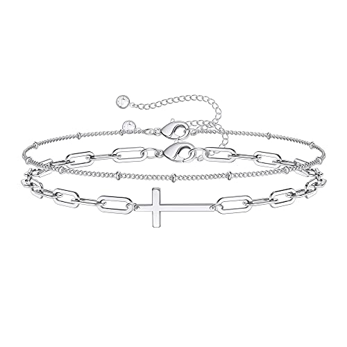 Turandoss Dainty Layered Bracelets For Women, 14K White Gold Filled Adjustable Layered Bead Chain Paperclip Link Chain Cross Bracelet Handmade Gold Bracelets For Women Jewelry cover