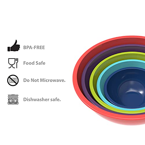 Image of Zak Designs Mixing Bowl Set, Nesting Bowls for Space Saving Storage, Made with Durable Melamine, Great for Prepping and Serving Food (Colorways Red to Blue, 5pcs, Non-BPA)