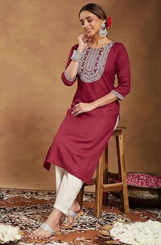 Image of Janasya Women's Rayon Embroidered Straight Kurta