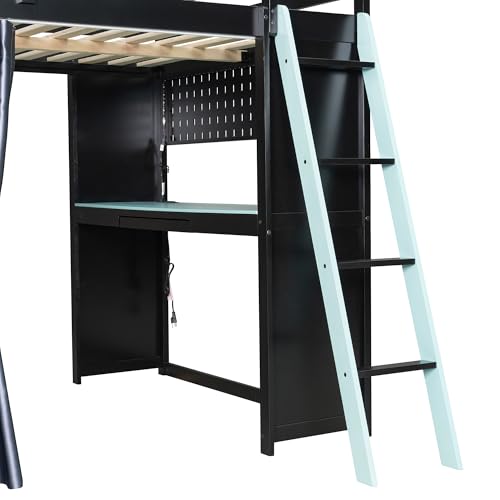 Image of Full Gaming Loft Bed with Wardrobe & Desk & Charging Station & RGB Light,Esports Wood Loft Bed Frame with Storage Shelves,Curtains and DIY Pegboard,Space Saving,No Box Spring Needed,Black Blue