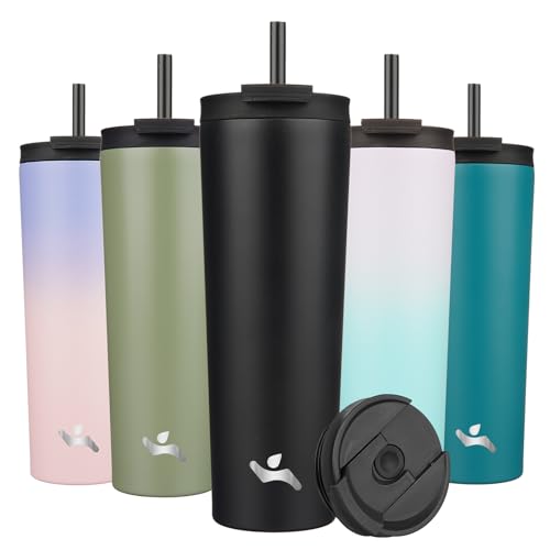 Konokyo 30 OZ Insulated Tumbler with Lid and 2 Straws Stainless Steel Water Bottle Vacuum Travel Mug Coffee Cup,Black