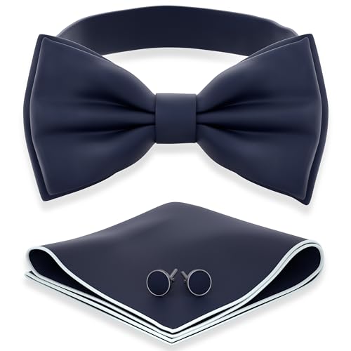 Image of Adam Young Men's Bow Ties with Handkerchief & Cufflinks Pre-Tied Style Formal Satin Classic Bowtie for Tuxedo Faux Silk