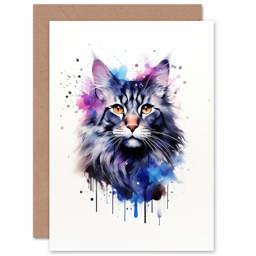 Artery8 Maine Coon Cat Lovers Gift Watercolour Pet Portrait Painting Artwork Sealed Greeting Card Plus Envelope Blank inside