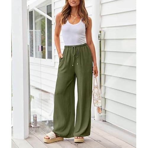 HOTYD Wide Leg Pants Women Cotton Linen High Waisted Flowy Casual Baggy Drawstring Palazzo Trousers Beach Pants2
