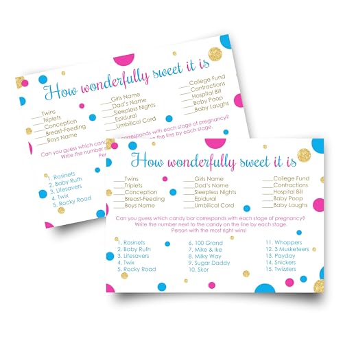 Paper Clever Party Gender Reveal Candy Guessing Game - Baby Shower Activity Cards - Guess the Stages of Pregnancy and Parenthood - Fun Activity for Guests, Team Pink or Blue - 25 Pack