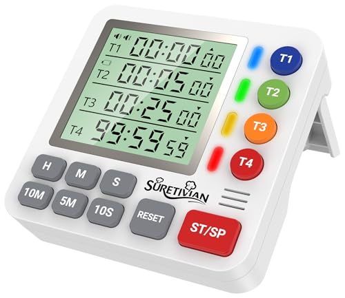 キッチンタイマー 4チャンネル デジタルタイマー 大画面 アラーム・静音切替 カウントアップ/カウントダウン タイマー 卵・勉強・教室・運動用 電池付 (ホワイト)