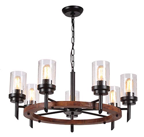 Super Deal Product 28" Wood Round Ceiling Light Fixture, Rustic Farmhouse Chandeliers Pendant for Dining Rooms Rustic (28" /7 Lights)