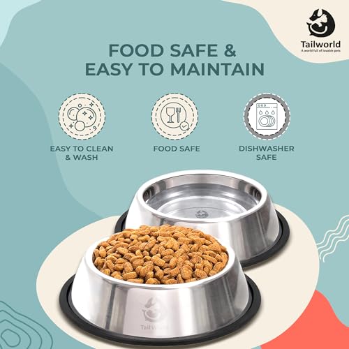 Image of Feeding Bowl 720 ml | Stainless Steel | for Dogs & Cats | Durable & Lightweight Feel | Scratch and Rust-Free | Non-Slip Ring at The Base | Pack of 2 | 720ml Each