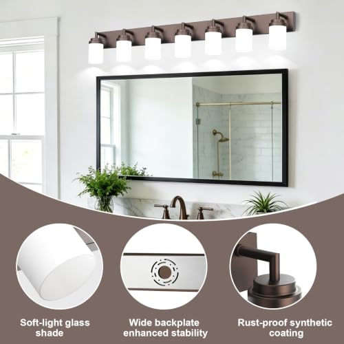 Image of Bathroom Light Fixtures, Oil Rubbed Bronze Bathroom Lighting Fixtures Over Mirror, Modern Vanity Light with White Glass Shade, Restroom Lighting Fixtures, 7-Light 54-inch
