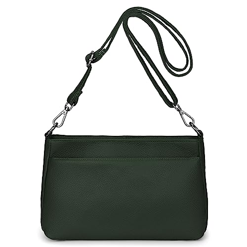 YALUXE Real Leather Shoulder Bag Medium Size Handbag Purse Multi Zip Pockets Crossbody Bags for Women Dark Green4