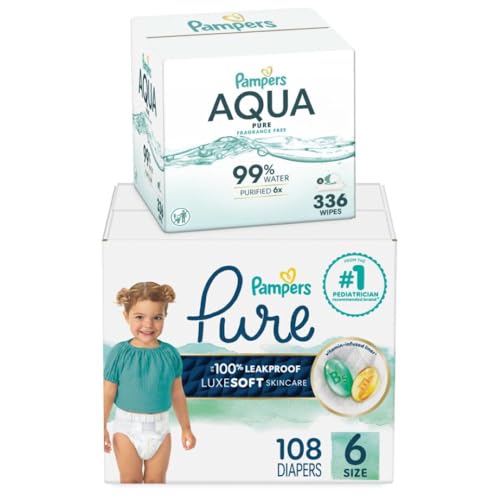Pampers Pure Protection Disposable Baby Diapers Size 6, One Month Supply (108 Count) with Aqua Pure Baby Wipes, 6X Pop-Top Packs (336 Count) - image 1