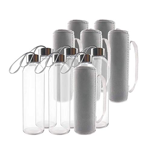 Teikis (6-Pack) Glass Water Bottles 18oz with Stainless Steel Cap and