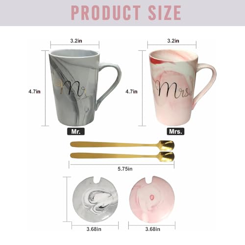مجموعة أكواب قهوة بطباعة Mr. و Mrs. من أمرتير، أكواب سيراميك رخامية 14 أونصة مع أغطية ومغارف، مثالية للعروس والعريس، مثالية لحفلات ما قبل الزفاف والخطوبة والذكرى السنوية وأكواب الأزواج المتزوجين