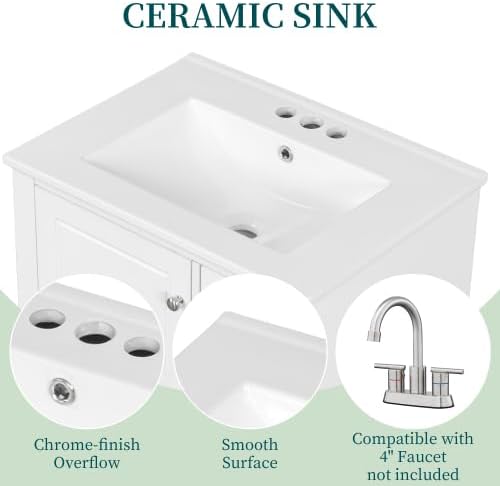 Bellemave 24" Bathroom Vanity with Ceramic Sink & 3 Drawers, Bathroom Cabinet with Storage Shelves & Solid Wood Base, Freestanding Vanity Cabinet with Soft Closing Door with Organizer (White/24)