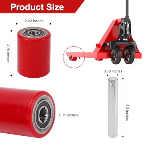 Image of Two Packs of Pallet Jack /Truck Wheels 3 inch x 3.75 inch PU Poly Tread, 20mm ID Bearings, Full Set with Axles, Pins and Entry Exit Roller