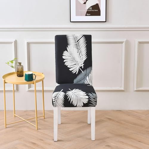 Image of House of Quirk Elastic Chair Cover Stretch Removable Washable Short Dining Chair Cover Protector Seat Slipcover (Pack of 1, Black Fern)