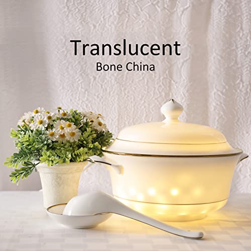 Bone China Soup Tureen With Lid, Ladle And Spoon Rest, 2.97Qt, Gold Rim, 4Pc Set, Big Serving Bowl, Elegant Ceramic Porcelain, White, Translucent, Modern, Simple And Resistant, Greeting Dinnerware #TOP3