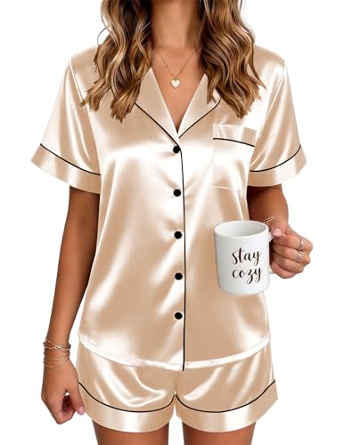 Image of Ekouaer Satin Pajamas for Women Silk Pjs Short Set 2 Piece Lounge Sets