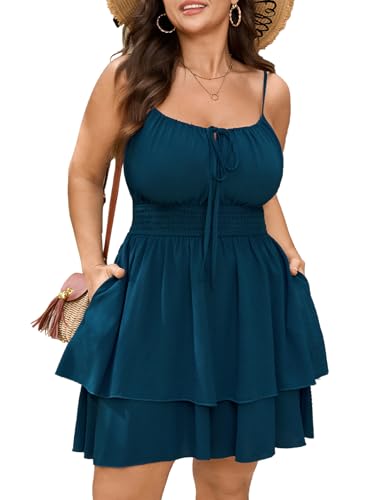 SCOMCHIC Women Plus Size Rompers Summer Spaghetti Strap Romper Dress Smocked Casual Beach Boho Sleeveless Short Jumpsuits