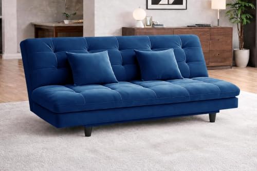Image of Rosebell Modern Wooden 3-Seater Sofa Cum Bed Foldable Velevt Fabric Sofa for Living Room, Guest Room & Office-Blue-Color