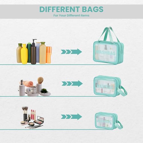 Image of Gritty Wash Bag Pouch for Travel Kit Toiletry Bag Cosmetic Bag Make Up Box for Brushes,Accessories with Handle,Large Capacity Waterproof Travel Storage Organizer Set of 3(Mint Green)