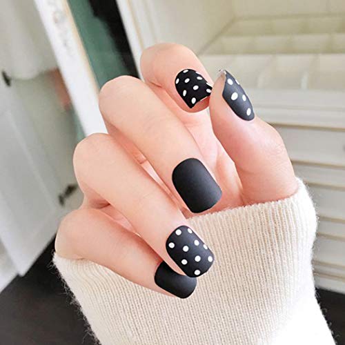 Asooll False Nails White Spot Coffin Nails Matte Finishi Coffin Ballerina Pre-Design Full Cover Short Square False Nails Art Tips for Women and Girls