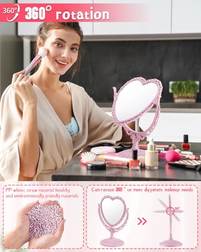 Espejo de maquillaje giratorio doble rosa con soporte miniatura 4